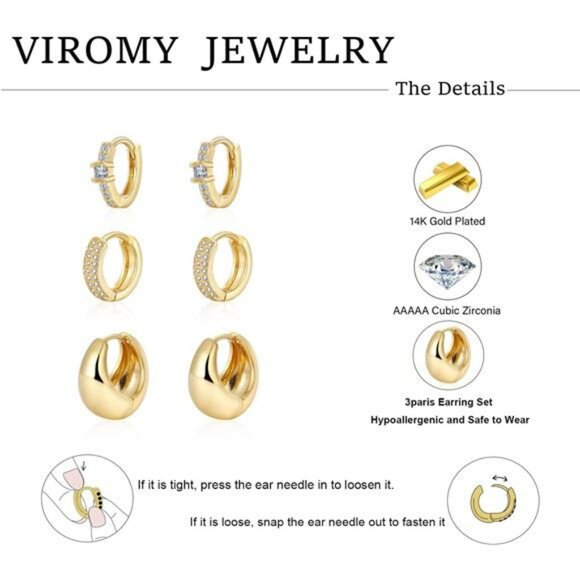 Gold Hoop Earrings Set 14K Plated Small Chunky Lightweight Huggie Jewelry - Picture 6 of 7